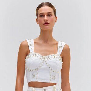 PatBO Hand-Beaded Denim Crop Top
